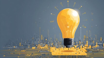 Bright light bulb concept over futuristic city