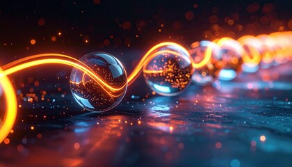Glowing energy sphere with flowing orange light trail representing digital power motion and futuristic technology at night