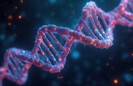 Futuristic glowing DNA double helix structure molecule twists in abstract dark space. Advanced genetic illustration modern scientific research, biotechnology innovation, medicine, anti-aging