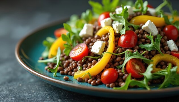 Hearty lentil salad with cherry tomatoes bell pepper and feta cheese. Fresh greens add color and texture to this healthy meal. Delicious plant based dish perfect for lunch or dinner. - Powered by Adobe