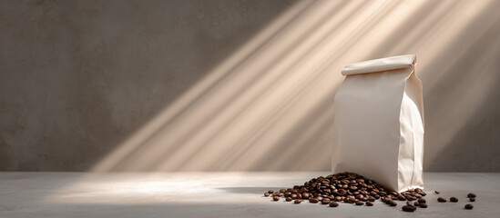 paper bag on clean surface with coffee beans mock up