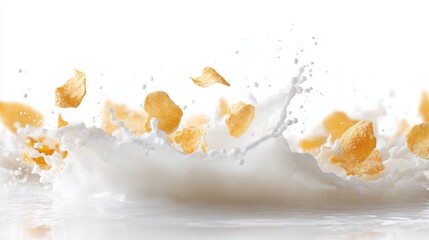 crispy corn flakes hit by milk splash, pure white background, sharp edges, commercial food photography