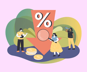 Tiny people looking at down arrow