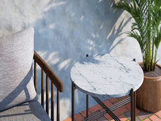 Architectural 3D Render, Close up of Premium Marble Side Table on Terrace with Palm Shadow