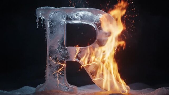 Dynamic Fire and Ice Letter R: Elemental Contrast on Dark Background