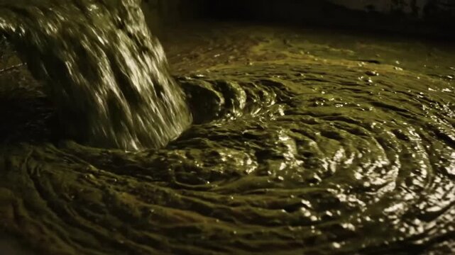 Thick Dark Green Viscous Slurry Flowing. Industrial Waste Treatment, Organic Material Processing, or Bioreactor Content.