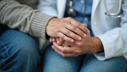 Doctor holds senior patient hands. Geriatrician comforts elderly person during consultation. Medic supports old man with compassion. Healthcare professional helps patient. Doctor gives psychological