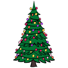 Cute Christmas Tree Illustration with Colorful Decorative Lights