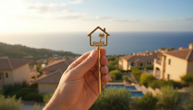 Hand holds golden house key labeled Cyprus above Mediterranean villas and sea at sunset symbolizing new home travel dream and property investment