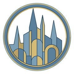 Stylized castle logo in blue and gold circle design