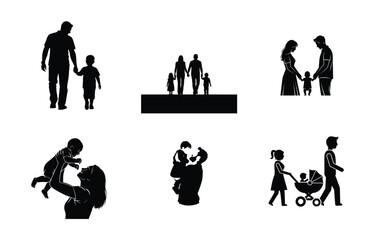 Family silhouette collection diverse family moments in black and white