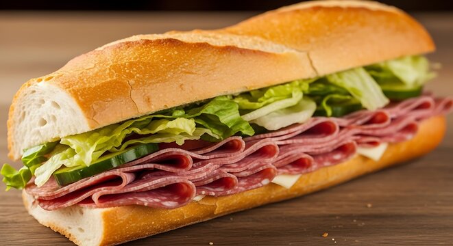 Delicious italian sub sandwich packed with cured meats and fresh lettuce