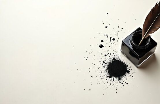 Black ink spills near a glass inkwell and feather quill pen on a light surface. Traditional writing instrument and ink pot with splatters scattered around. Elegant vintage calligraphy tool setup.