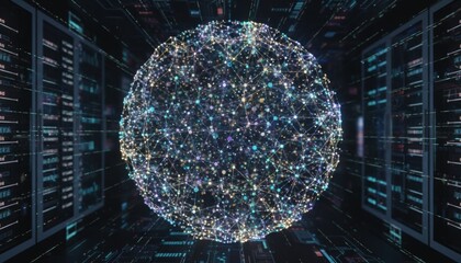 Glowing digital sphere of connected nodes in data center corridor symbolizing global network cloud computing artificial intelligence and communication infrastructure