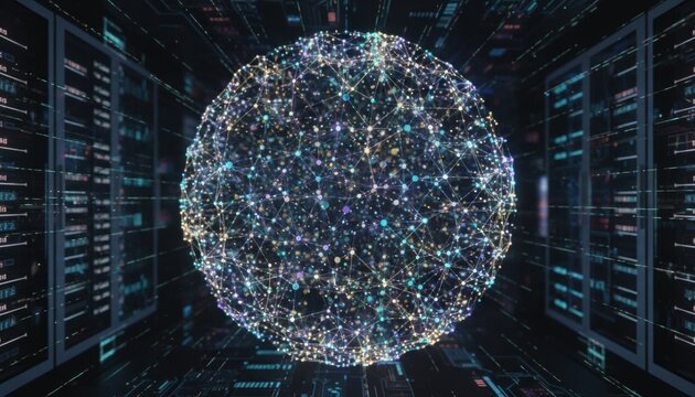 Glowing digital sphere of connected nodes in data center corridor symbolizing global network cloud computing artificial intelligence and communication infrastructure