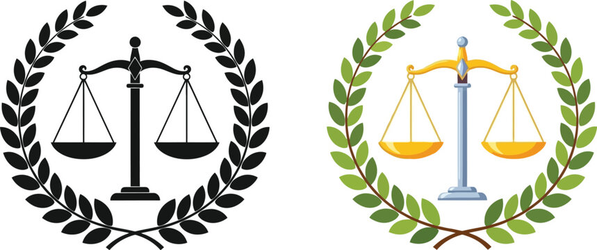 Scales of justice emblems in black and gold surrounded by laurel wreaths