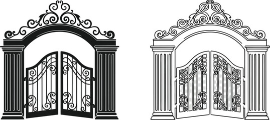 Fototapeta premium Elegant ornate gates a detailed black and white illustration of entranceways