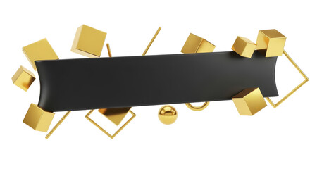 Abstract black ribbon banner with golden geometric shapes, cubes, and spheres, isolated on white background, 3D render
