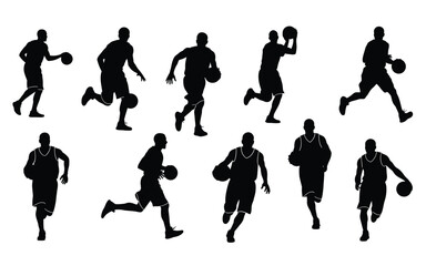 Basketball player silhouettes in action dribbling shooting and running with the ball
