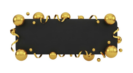 Elegant black banner with golden spheres and ribbons, a festive 3D rendered frame for celebration messages on a white background