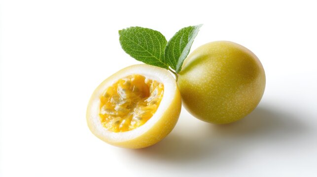 fresh passion fruit (Passiflora edulis) with vibrant yellow pulp, green leaf, pure white background, sharp edges, isolated object