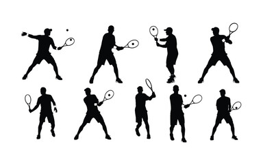 Tennis player silhouettes in action serving hitting and ready to play
