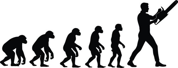Silhouette of human evolution from primate to chainsaw-wielding figure, black and white illustration, development and environmental impact theme