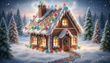 Fototapeta premium gingerbread house decorated with candy in snowy forest presenting christmas tradition and festive imagination