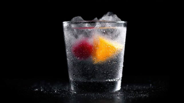 cold cocktail on black background, ice cubes, condensation, vibrant garnish, refreshing drink concept