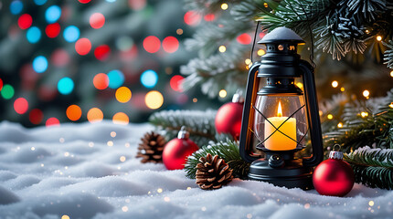 Christmas Lantern on Snow with Pine Branches, Red Ornaments, Pinecones and Bokeh Lights