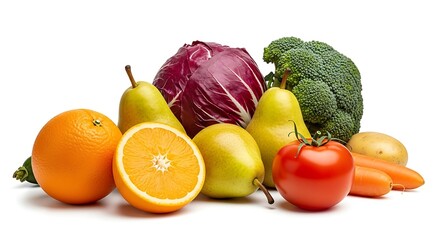 Assortment of fresh fruits and vegetables on a white background