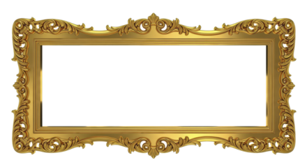 Ornate golden rectangular frame with intricate filigree embellishments, perfect for artistic displays or elegant photo presentations