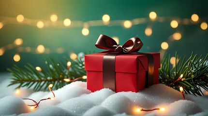 Christmas Gift Box with Gold Ribbon on Snow with Pine Branches and Warm Fairy Lights
