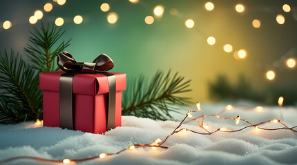 Christmas Gift Box with Gold Ribbon on Snow with Pine Branches and Warm Fairy Lights