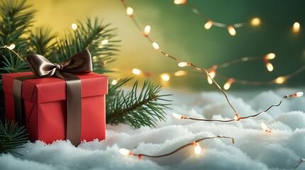 Christmas Gift Box with Gold Ribbon on Snow with Pine Branches and Warm Fairy Lights