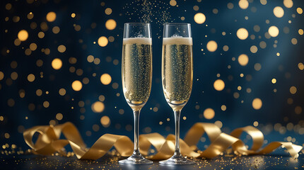 New Year Champagne Toast with Sparkling Bubbles and Golden Ribbons Against Dark Blue Bokeh Background