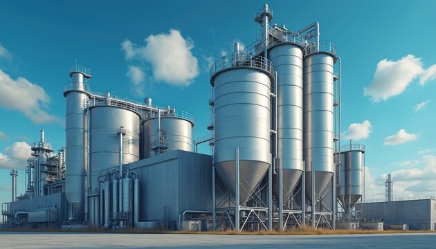 Large industrial complex with metallic silos, storage tanks under bright blue sky with clouds. Facility processes raw materials for manufacturing goods in modern factory setting. Represents industry,