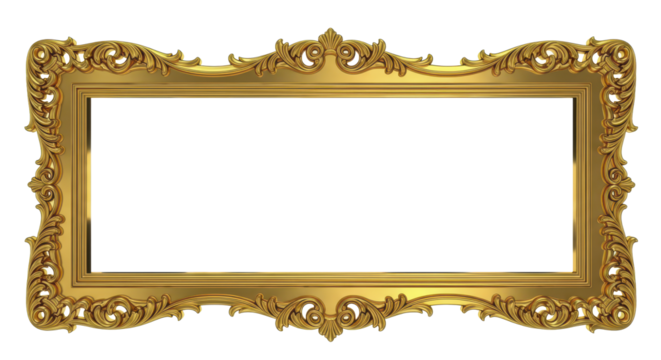 Ornate golden rectangular frame with intricate filigree embellishments, perfect for artistic displays or elegant photo presentations