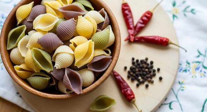 Colorful conchiglie pasta with dried chilies and peppercorns on a wooden board