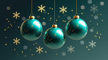 Christmas Ornament balls Hanging on Gold Strings with Snowflakes and Glowing Lights