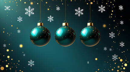 Christmas Ornament balls Hanging on Gold Strings with Snowflakes and Glowing Lights