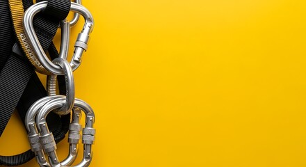 Close up of climbing carabiners and harness on bright yellow background