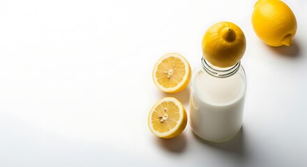 Refreshing lemon drink in a glass bottle with fresh lemons and slices