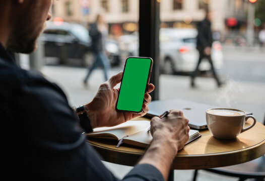 Man Using Smartphone with Green Screen and Laptop in Coffee Shop Analyzing Business Data and Online Statistics