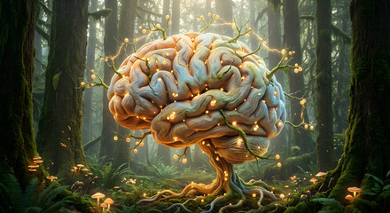Surreal brain-shaped tree glowing with bioluminescent orbs in a magical forest surrounded by mushrooms and moss-covered trees
