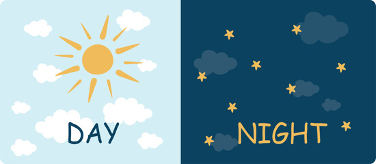 sun day night on the sky background with yellow stars and clouds