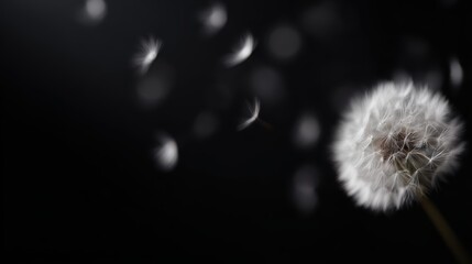 dandelion with seeds blowing away in the wind, black background, delicate and detailed, floating seeds