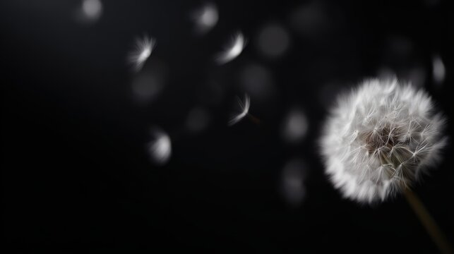 dandelion with seeds blowing away in the wind, black background, delicate and detailed, floating seeds