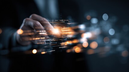 Hand touching glowing data stream futuristic technology