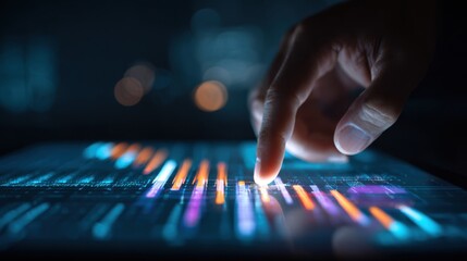 Human finger touching digital futuristic interface